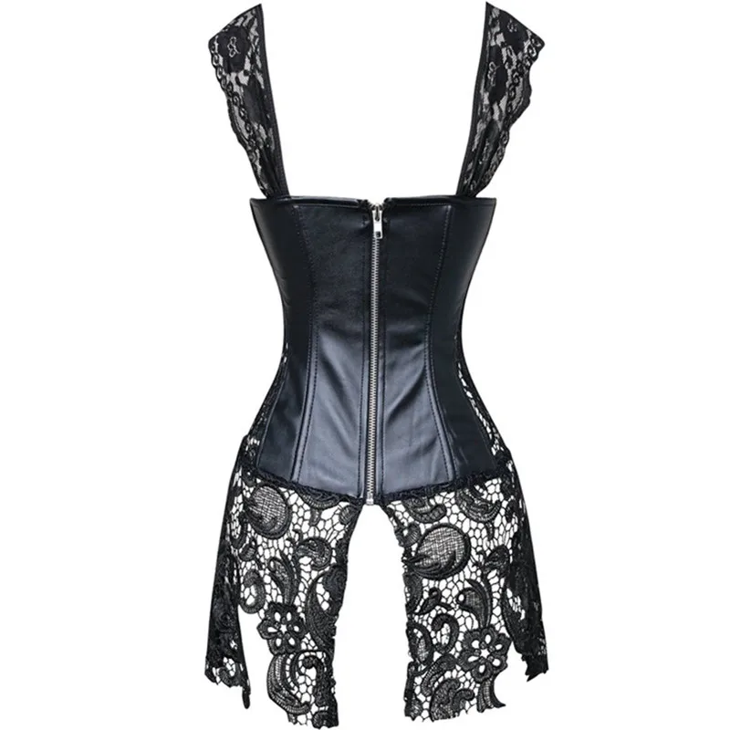 Sexy Burlesque Lingerie Gothic Faux Leather Steampunk Corset Plus Size Black Lace Bustier Overbust Corsage Korsett Corsets Top