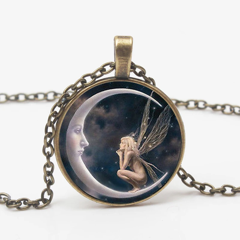 New Gothic Angel Moon Pendant Necklace Personality Pattern Fairy Tale Glass Necklace Pendant Man Woman Jewelry Souvenir Choker