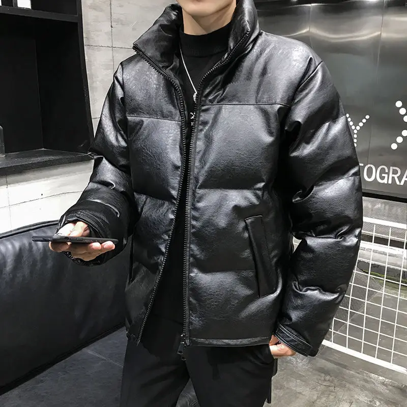 Winter Fashion Thicken Korean Style Loose and Plus-sized Men\'s Jacket Black Stand Collar Leather Quilted  Cloth Cotton