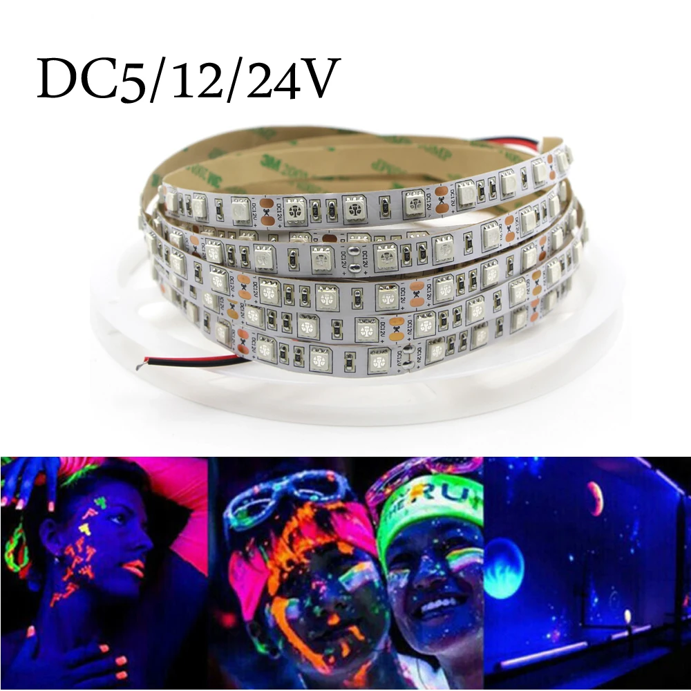 5V 12V 24V 5050 UV LED Strip Light 395nm-405nm Ultraviolet Flexible SMD LED Tape lamp Blacklight for DJ Fluorescence scuba lamp