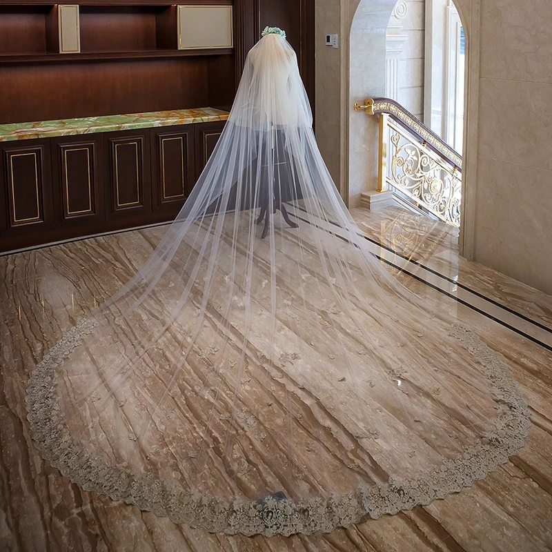 New arrival White Ivory Tulle Wedding accessories Champagne Lace Edge Two Layer Bridal veils Veu de noiva welon slubny