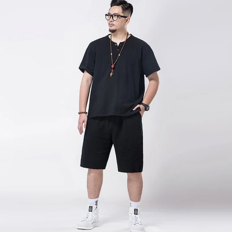 

Casual New Mens Two Piece Outfits Cotton Linen O-Neck Men T Shirt Lace Up Shorts Summer Men Sets Plus Size 7XL Jogger Tracksuit