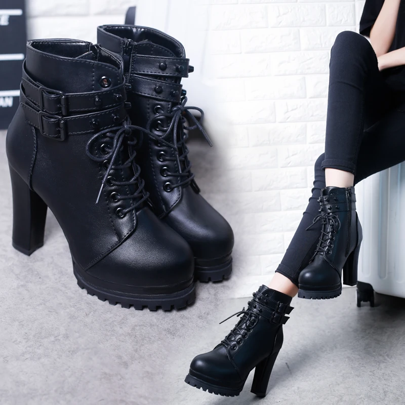 Women\'s Short Boot Lace Up Boots Autumn Shoes Bootee Woman 2019 Booties Ladies Round Toe Luxury Designer Ankle Rubber