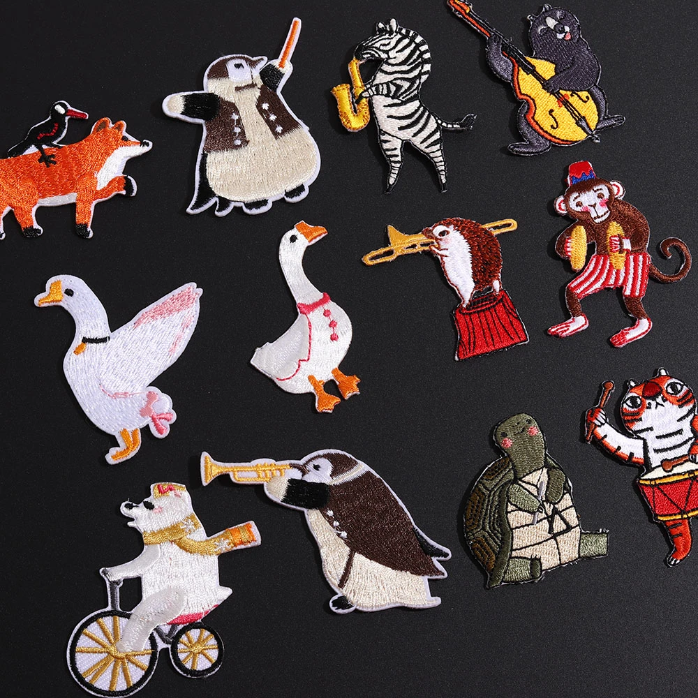 Cartoon Music Animal Team Patches Iron On Zebra Penguin Tortoise Embroidery Appliques High Quality Kawaii Goose Clothes Badges