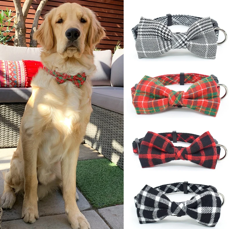 4 Colors Big Dog Collar and Leash Set Adjustable Plaid Pet Collar with Bow for Medium Large Dogs French Bulldog Golden Retriever