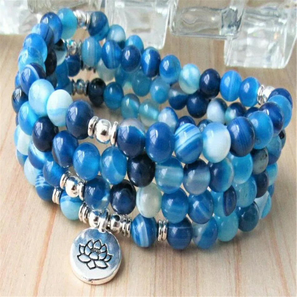 

6MM Blue Agate Bracelet 108 Beads Lotus Pendant Yoga Meditation Mala Wrist Spirituality Reiki Healing Buddhism Prayer