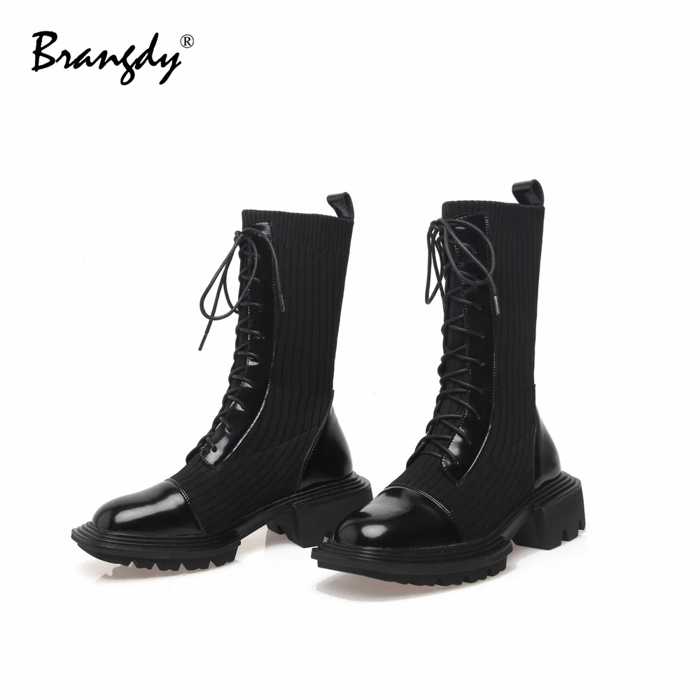 Brangdy Fashion Women Mid Calf Sock Boots Genuine Leather Woolen Square Toe Women Shoes Splicing Women Winter Boots With Fur