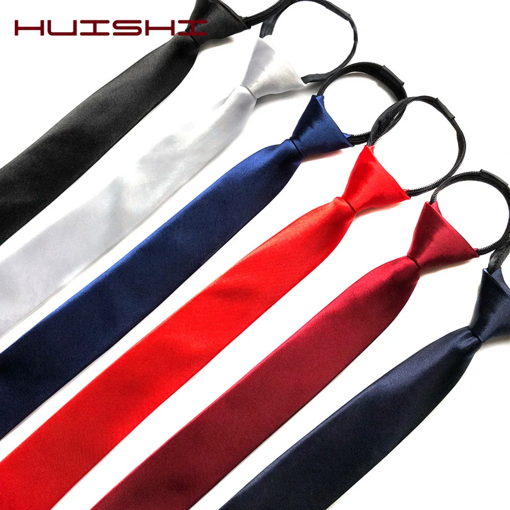 HUISHI Pre-tied Zipper Tie Neck Mens Skinny Zipper Neckties Red Black Blue Solid Color Slim Narrow Entertainment Party