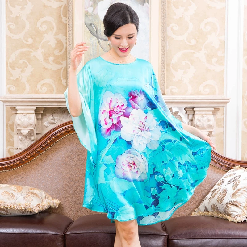 New Arrival Robe Summer 100% Silk Women Printing Sleepwear Loose Leisure Bat sleeve Nightgowns Printing One Size Nightdress