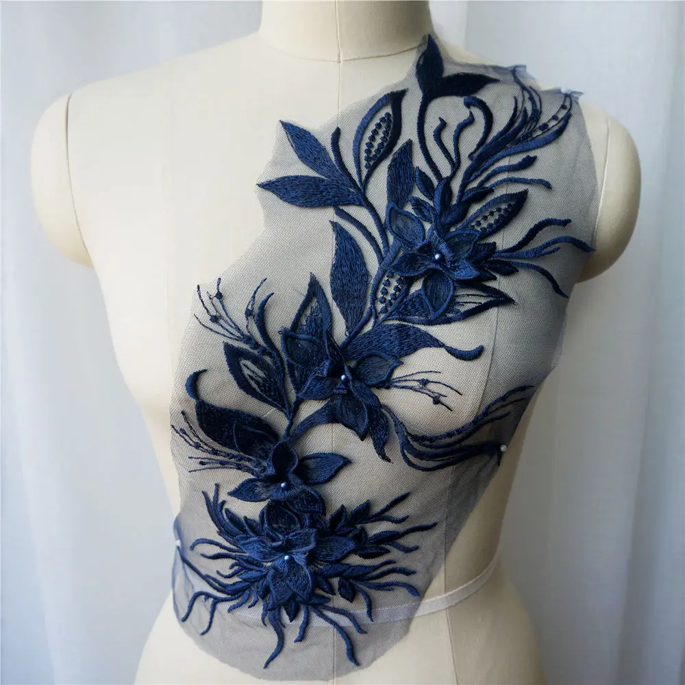 Navy Blue Embroidery 3D Flower Tassel Lace Fabric Applique Collar Wedding Gown Bridal Dress DIY