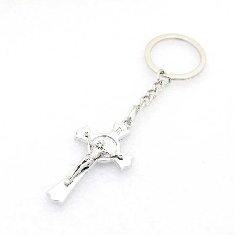 New Arrival Catholic Christ Jesus Saint Benedict Icon Steel Color Cross Religious Necklace Pendant Car Keychain Pendant