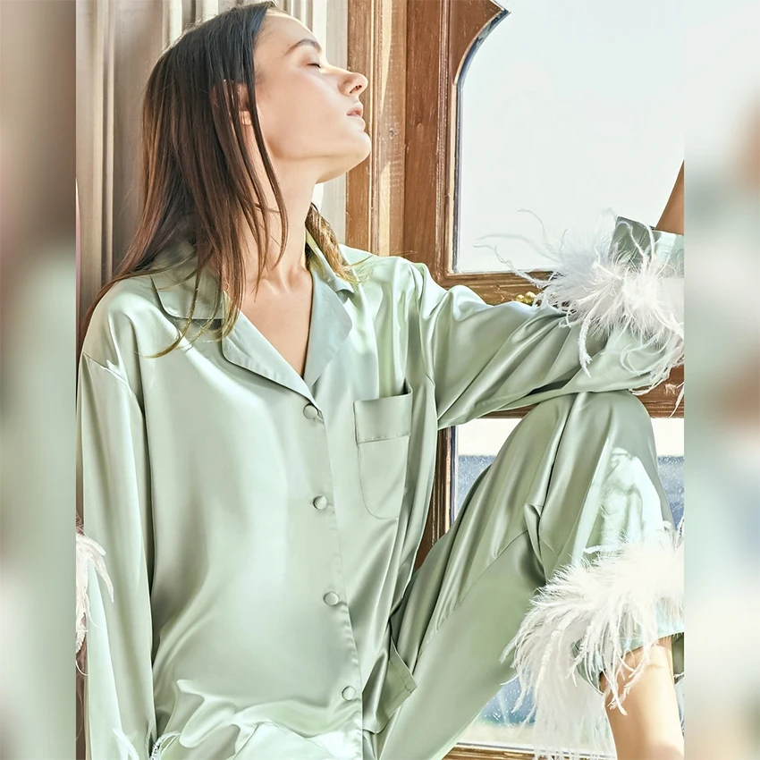 Hiloc Satin Pajamas With Feathers 2024 Fashion Women Pajama With Fur Single Breasted Trouser Suits Pocket Sleepwear Home Suit