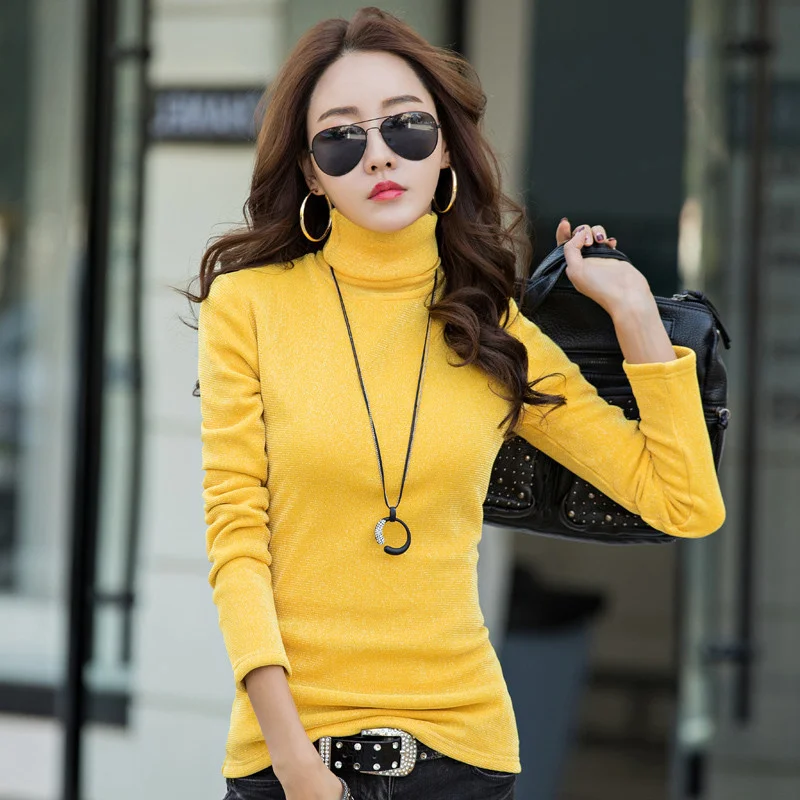 #0322 Winter Fleece T Shirt Women Bright Silk Casual Mesh Turtleneck T Shirt Female Skinny Warm Womens Tee Shirts Solid Color