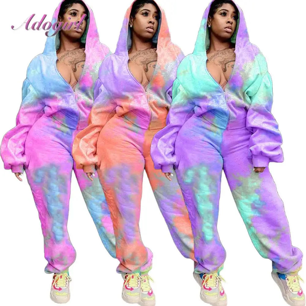 Women Tie Dye Two Piece Sets Fitness Autumn Gradient Long Sleeve Zippers Hoodies Jacket Jogger Pants Suit Outfit Sport Tracksuit