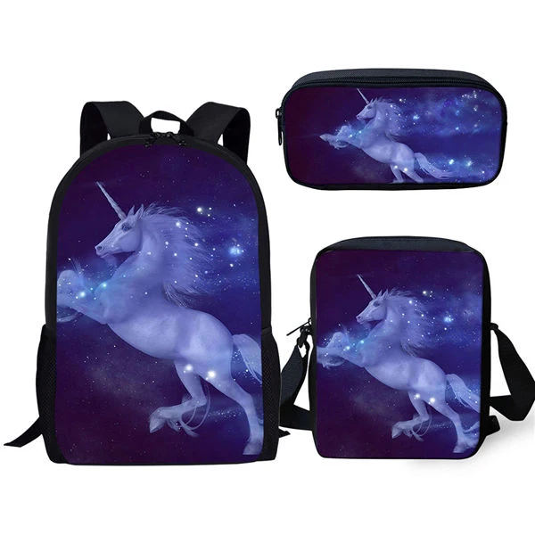 Mochila de hombro con estampado de caballo de fantasía para niños pequeños, conjunto de 3 piezas para escuela primaria, bolsa para libros, bolso con solapas, bolso para bolígrafos