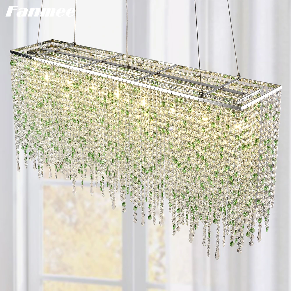 Modern Rectangular Crystal Chandelier Lighting LED Green Crystal Chain Pendant Chandelier Linear Crystal Island Lamp for Kitchen