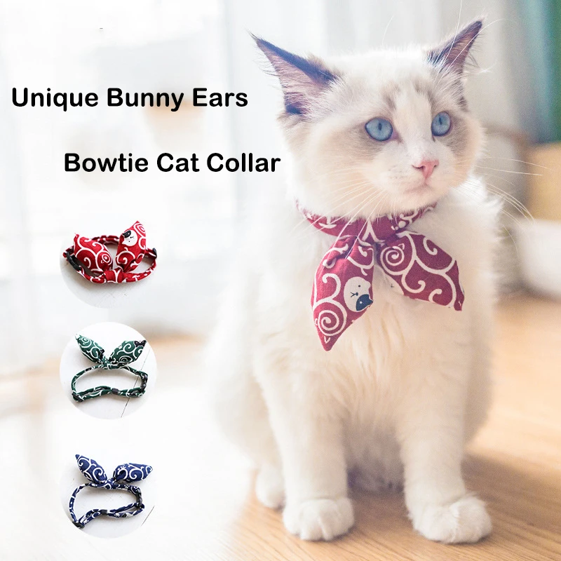 

Unique Bunny Ears Bowtie Cat Collar Japan Traditional Lucky Pendant and Gold Bell Safety Breakaway Light Weight, Soft, Durable
