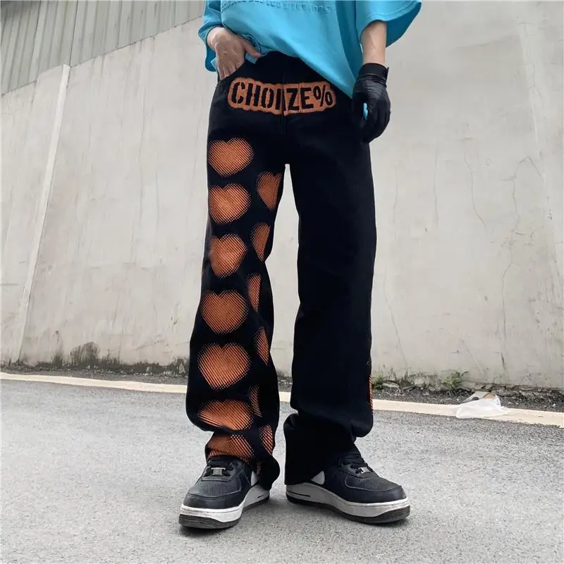 High Street Hiphop Pants Men Denim Jeans Heart Graffiti Jeans Printed Oversize Baggy Straight Trousers Jeans for Men Streetwear