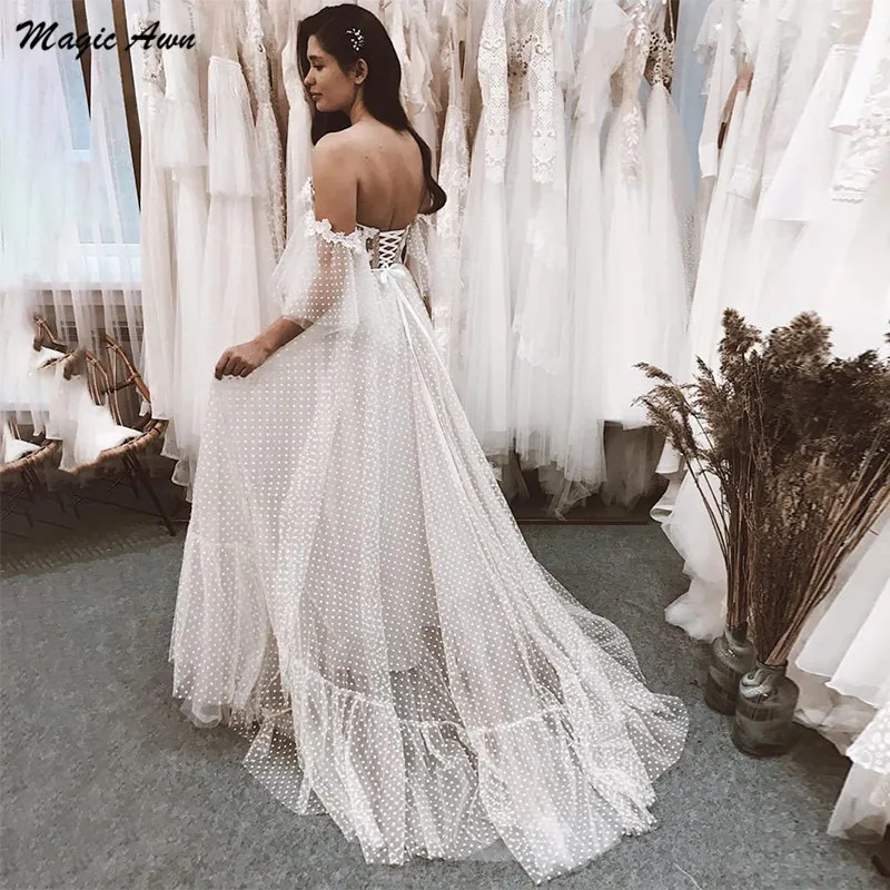 Magic Awn Off The Shoulder Princess Wedding Dresses Boho Lace Appliques Short Sleeves Illusion Polka Dots Tulle Mariage Gowns