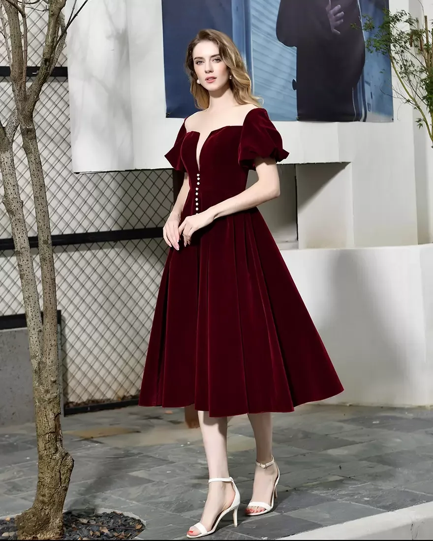 Burgundy  Velvet Evening Party Dress For Women Short Sleeve Midi Length Knee-Length Formal Prom Ball Gowns Vestidos De Noche