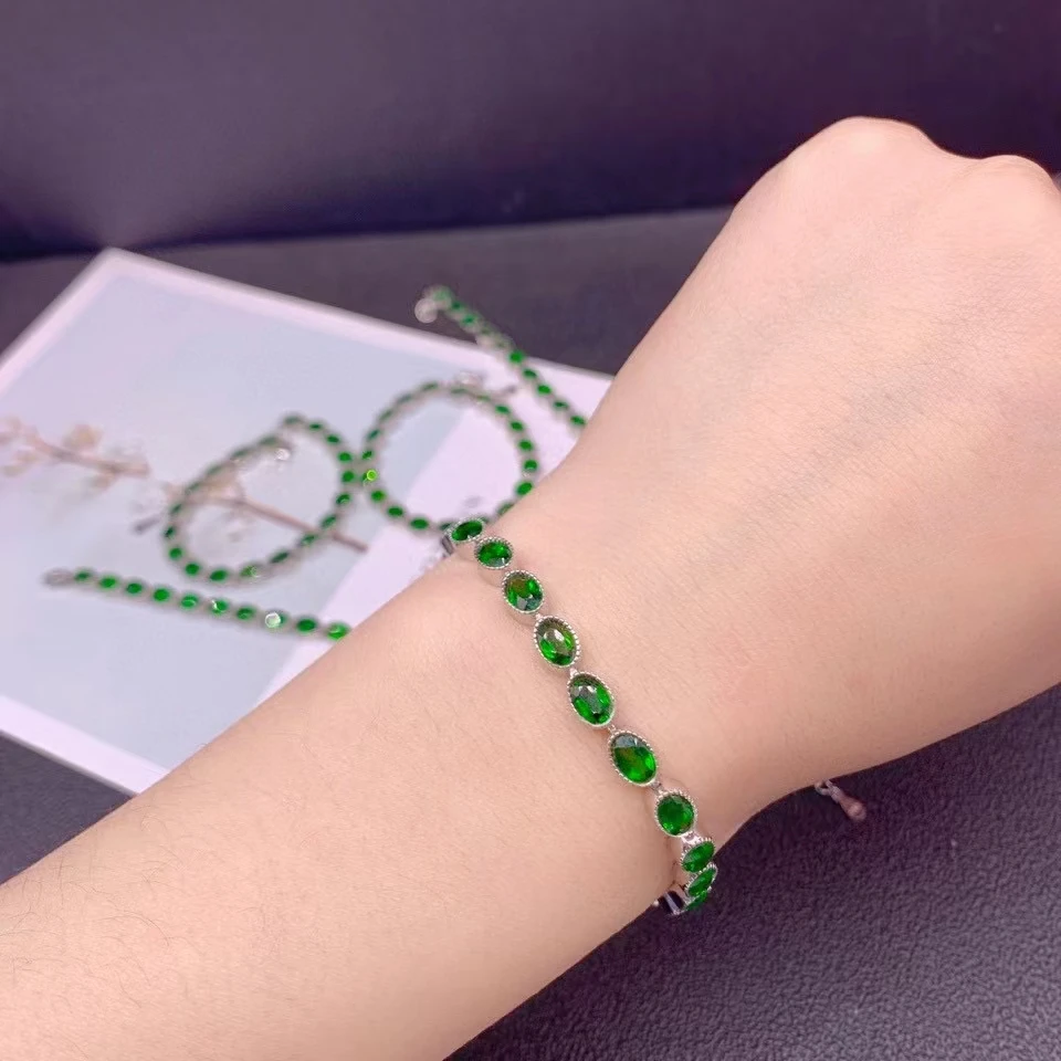 

Fine Jewelry 925 Pure Silver Natural Diopside Bracelet for Girl Luxury Popular Round Gemstone Hand Chain Good Gift Support Test