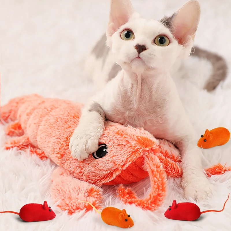 5PCS Cat Chew Toys Fluffy Electric Lobster Fake Mice Pet Bite Toys Catnip Toys Electric With USB Fake Prawn Mouse Toy For Cat