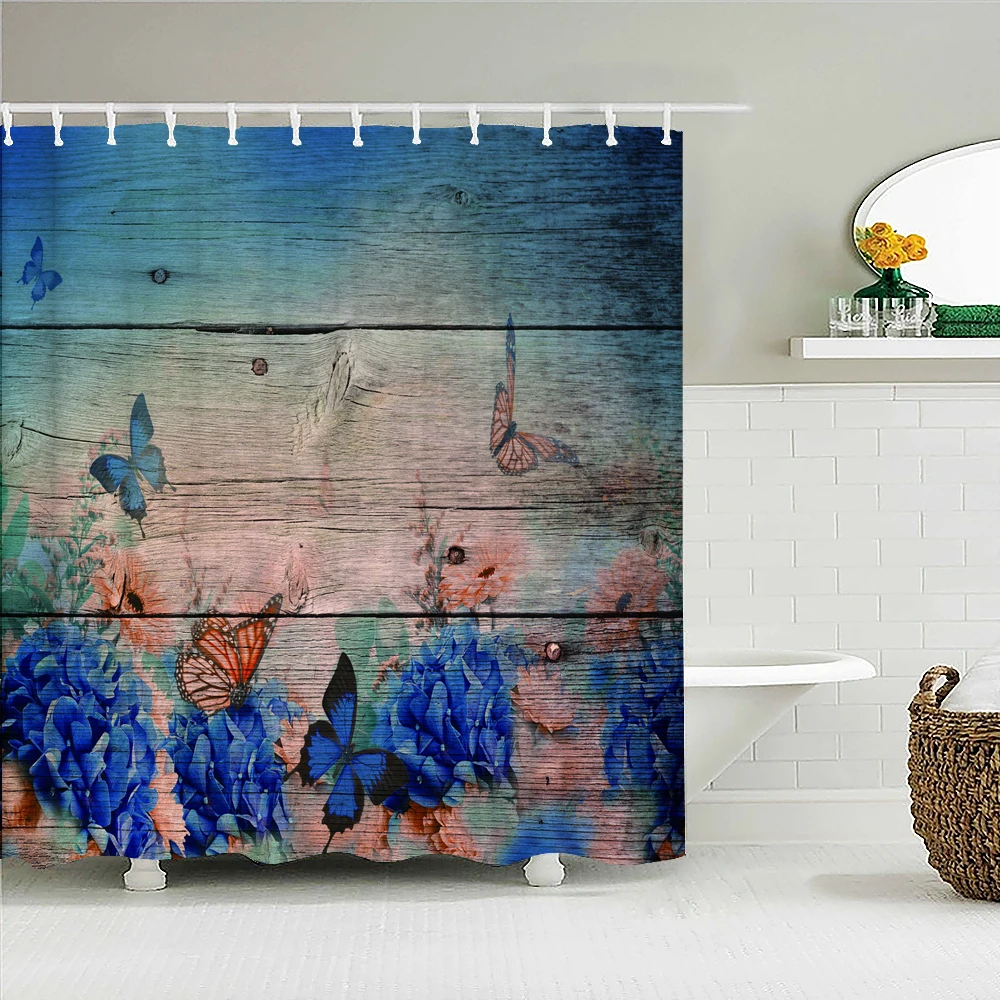 Retro Wood Pattern Bath Curtain Waterproof Fabric Shower Curtains Flower Dandelion Scenery Bathtub Screen for Bathroom Decor