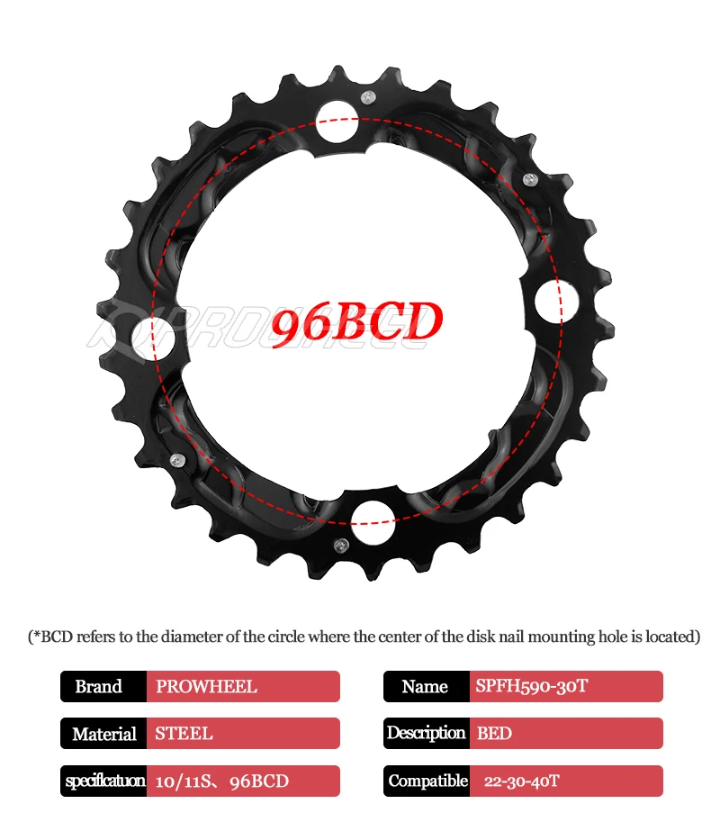 PROWHEEL MTB Kettenblatt 64/96/104BCD Mountainbike-Kettenrad 22T 24T 30T 32T 40T 42T 44T Zahnkranz Stahllegierung Fahrradteil – Detail 11