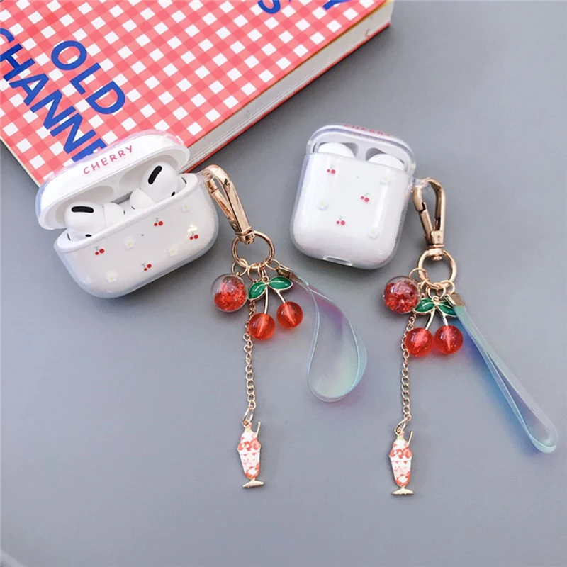 Airpods 1/2 proケース,bluetoothワイヤレスヘッドフォン用の素敵なチェリーパターンソフトtpuケース,キーリング