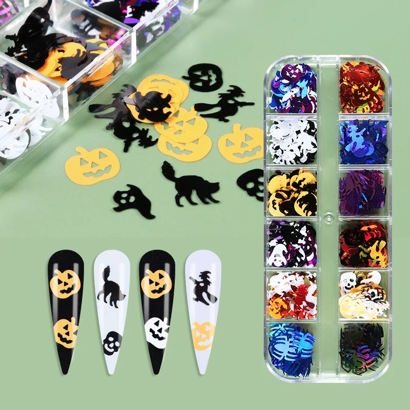 1Box Halloween Nail Art Glitter Sequins 3D Holographic Skull Spider Pumpkin Bat Ghost Witch Shape Nail Festival Glitter Flakes