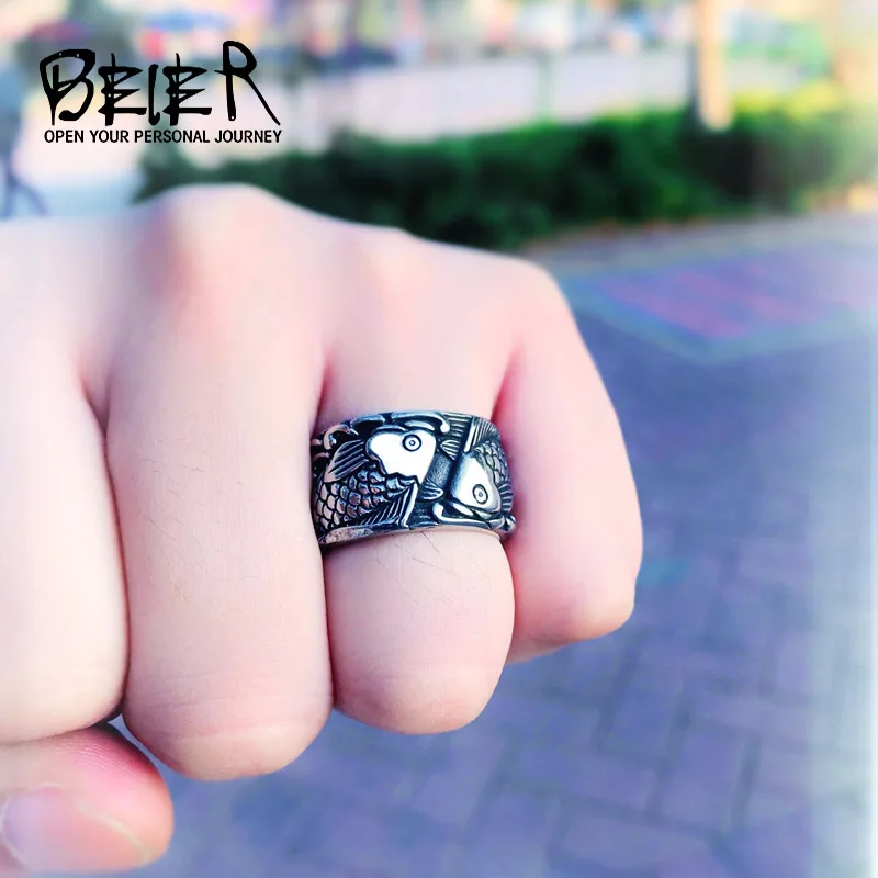 beier home fashion double fish the couple ring stainless steel 3D design good detail gothic simple round jewelry LLBR8-257R