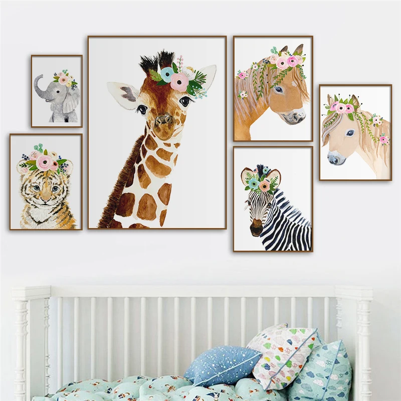 Woodland Animals Nursery Wall Art Canvas Posters Print Watercolor Blush Pink Flower Painting Pictures Baby Girls Room Decoration
