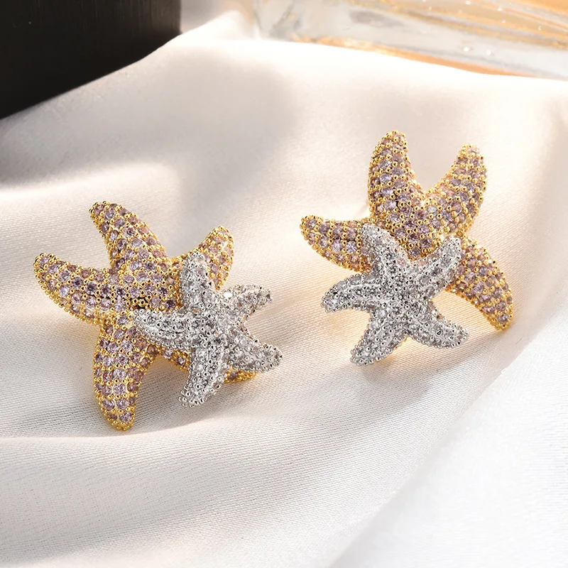 EYER New Arrival Trendy Double Star Two-tone Cz Cubic Zircon Stud Earrings AAA Luxury Cute Jewelry For Women Dating Party Gift