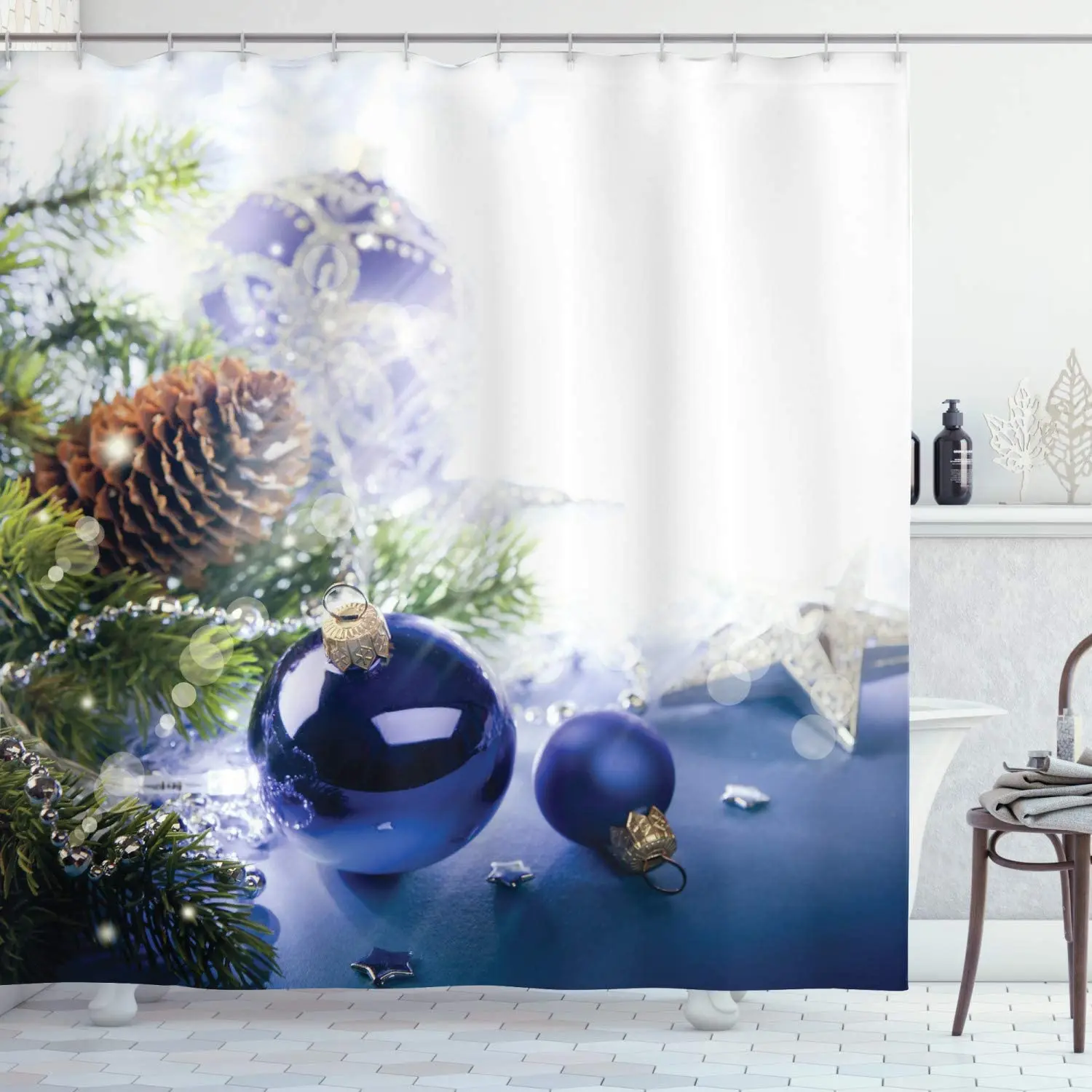 Christmas Shower Curtains Colorful Blue Toned Ornaments of Winter Holidays Seasonal Motifs Print Cloth Fabric Bathroom Decor Set