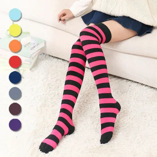 New Women Girls Over Knee Long Stripe Printed Thigh High Striped Patterned Stockings Sweet Cute Striped Stockings