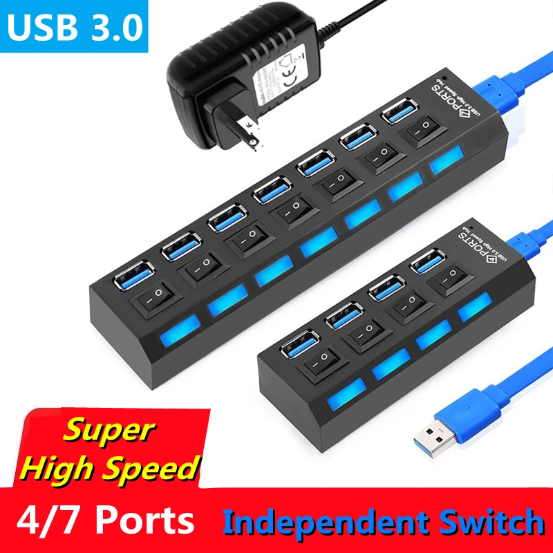 

USB HUB 3.0 4/7 Ports Micro USB 3.0 HUB Splitter With Power Adapter USB Expand High Speed 5Gbps USB Splitter 3 HUB For PC Laptop