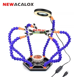 NEWACALOX Soldering Third Hand Tool 3X LED Magnifying Glass Welding PCB Board Holder Soldering Iron Head Cleaning Ball Soldering