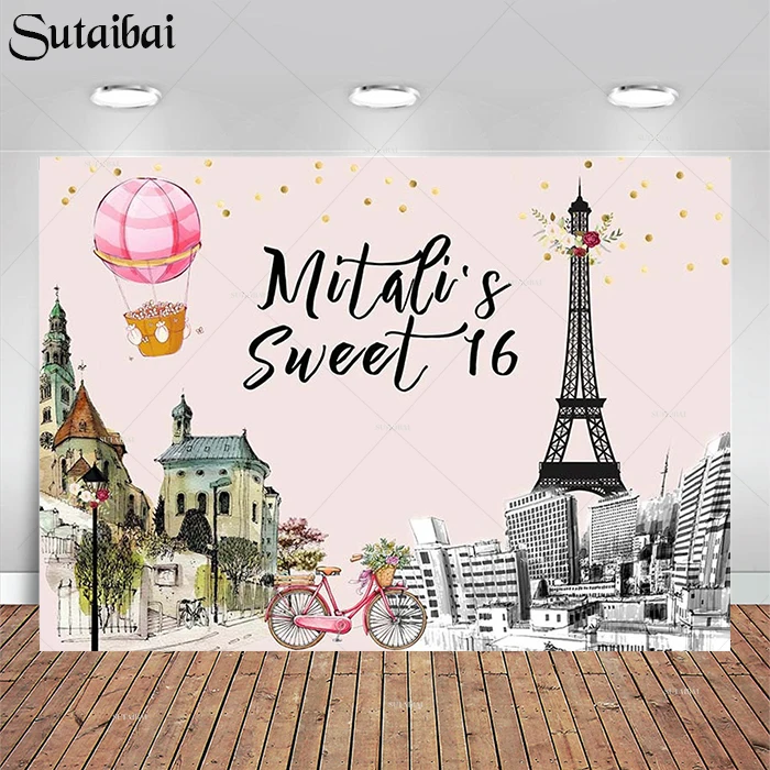 Eiffel Tower Sweet 16th Birthday Photo Backdrop Bridal Shower Hot Air Balloon Photography Background Retro Town Paris Street