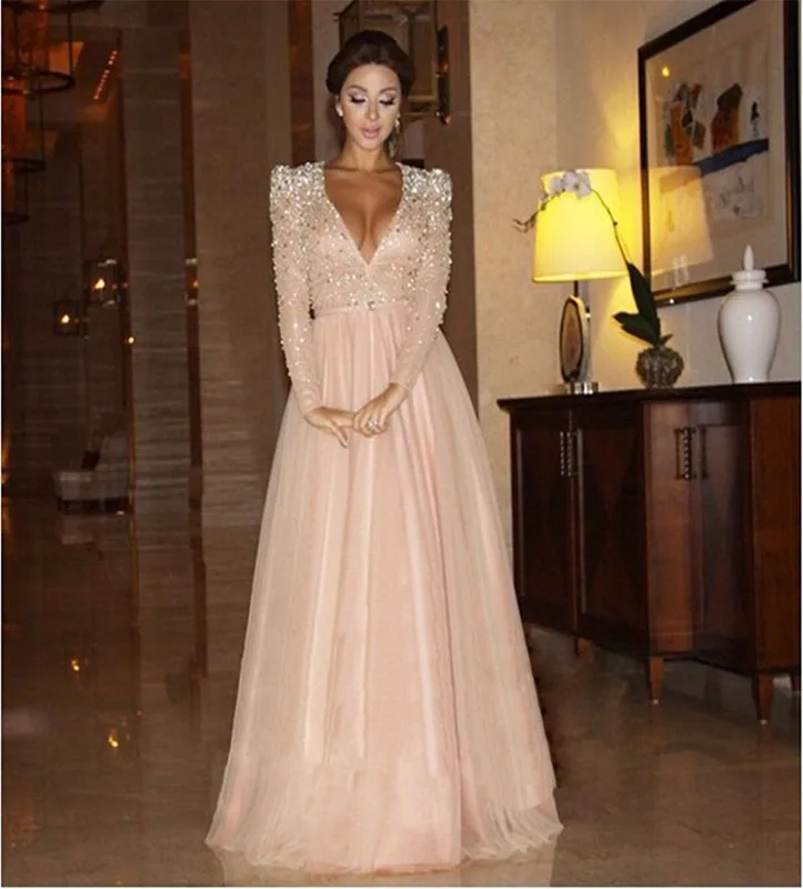 

Formal Celebrity Dresses A-line Deep V-neck Long Sleeves Tulle Beaded Crystals Long Evening Dresses Red Carpet Dresses