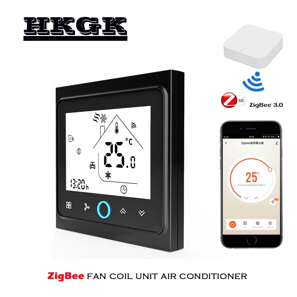 2pipe 4pipe ZigBee air conditioning thermostat programming, for heating and cooling, control with tuya APP Alexa Google home