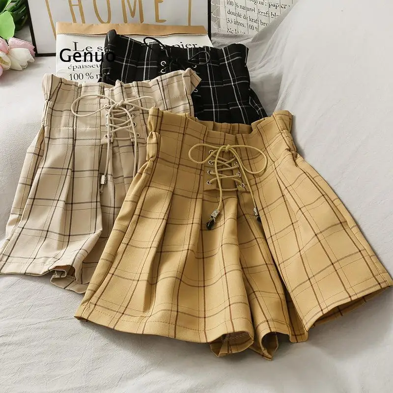 

Fashion High Waist Bandage Shorts Women Summer Vintage Plaid Wide Leg Short Pants Loose Girl Shorts Feminino