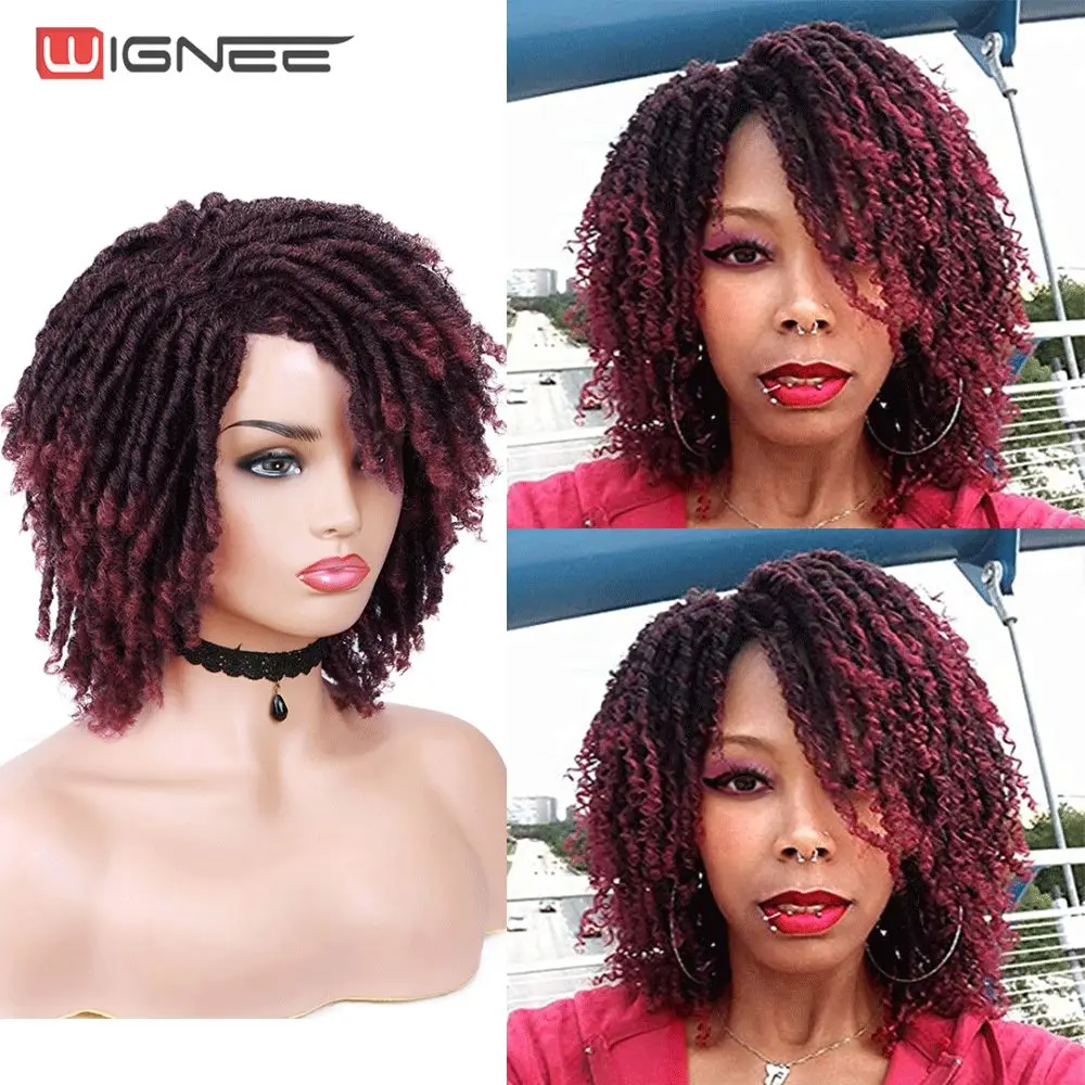 Wignee Short Burgundy Synthetic Wigs For Black Women Faux locs Afro African Hairstyle Braided Wigs Crochet Twist Fiber Hair Wigs