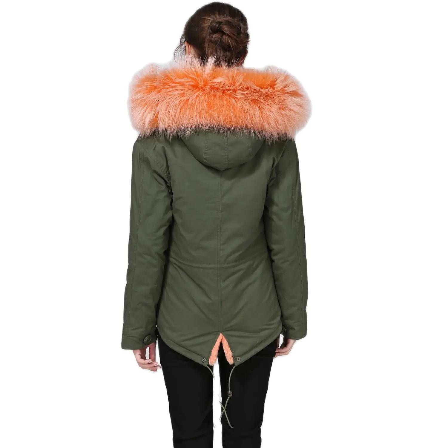 MEIFNG Attractive Army Green Faux Fur Parka Beautiful Orange Lining Overcoat Women Winter High Quality