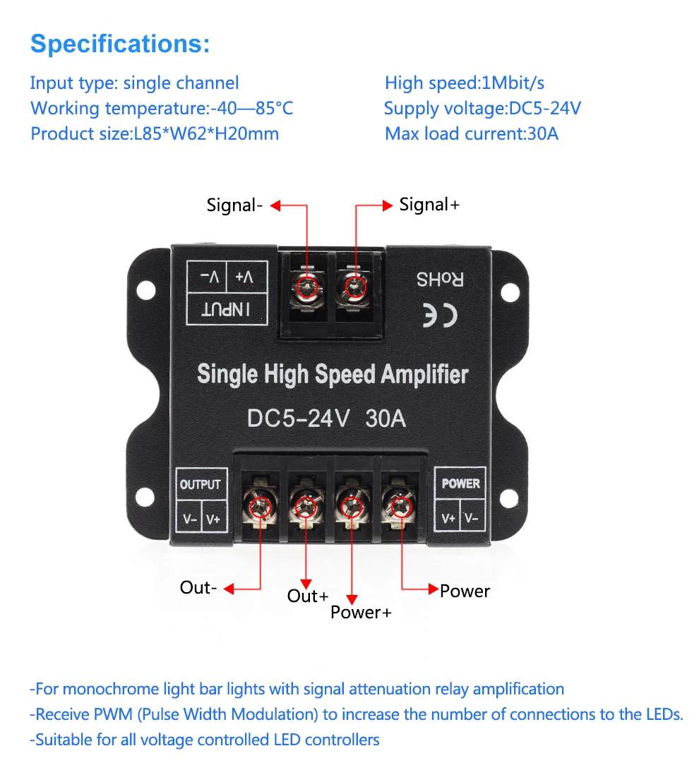 Controller LED 2/4/5/6pin RGB/amplificatore singolo DC5 12V 24V 24A 30A 15A uscita per striscia LED RGBCCT / RGBW / RGB 5050 2835 nastro