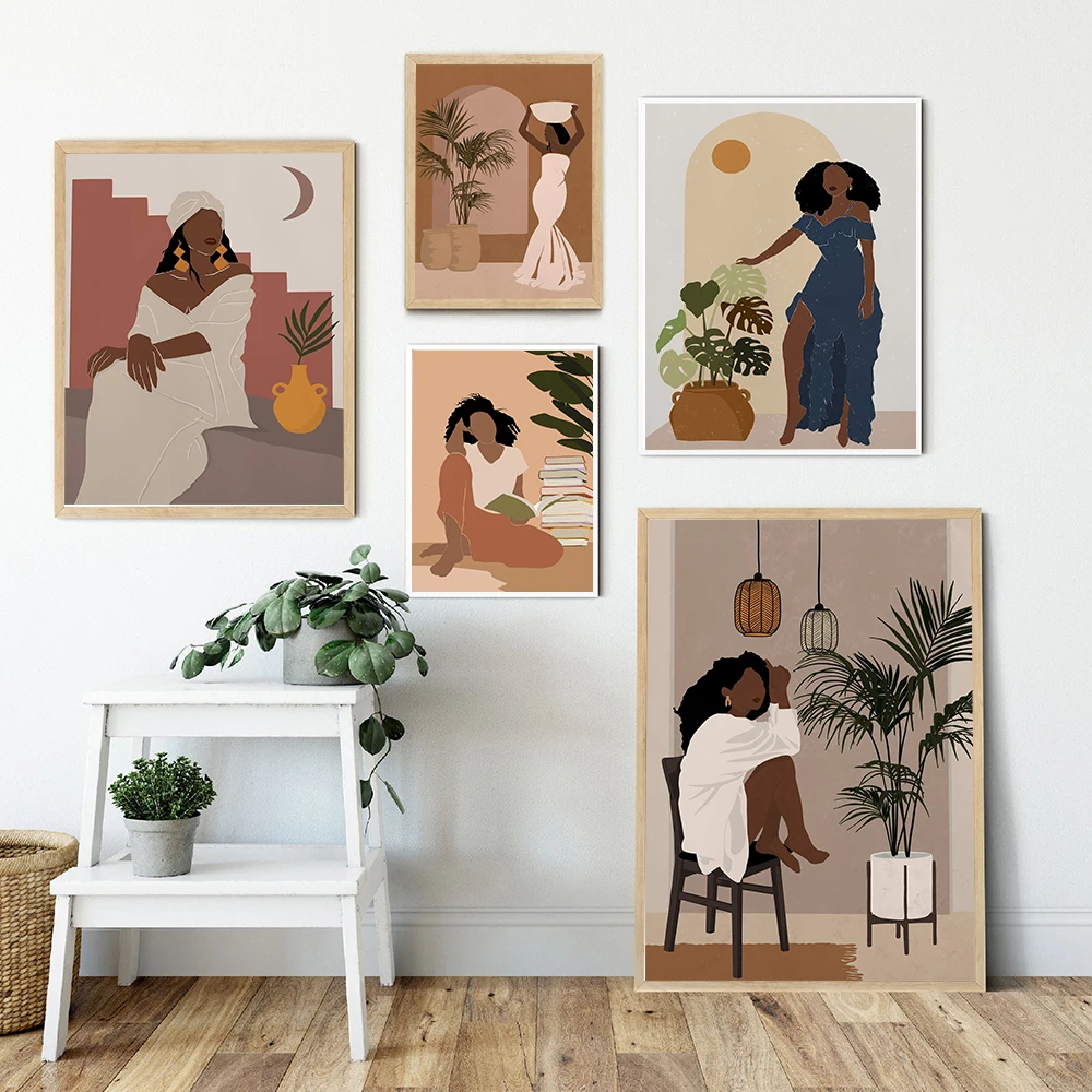 

Africa Boho Black Woman Plant Nordic Poster And Print Wall Art Abstract Canvas Painting Print Wall Pictures For Living Room Club