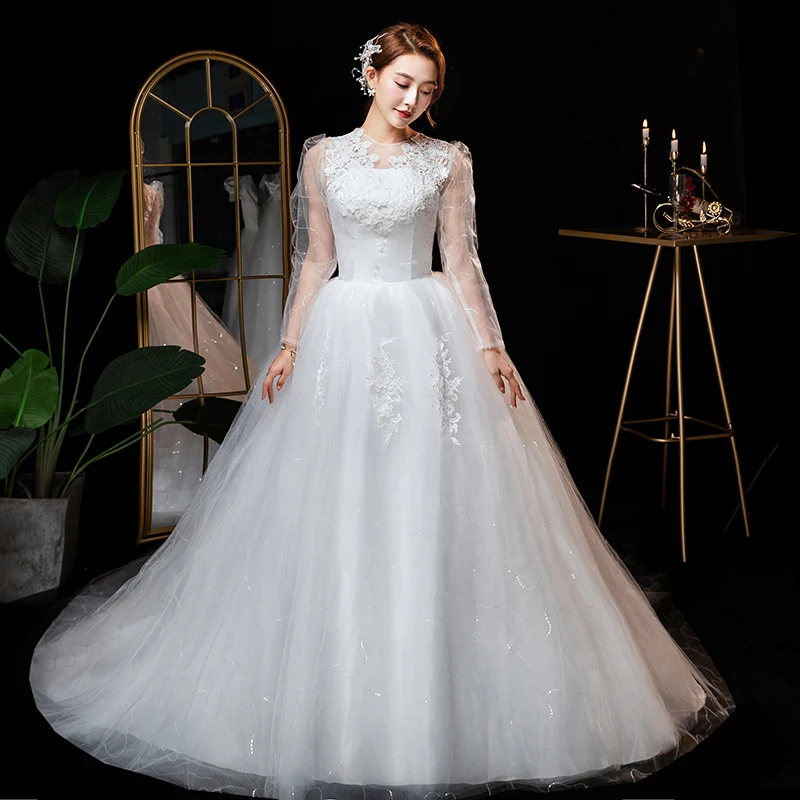 AnXin SH prinzessin blume spitze weiß hochzeit kleid vintage o neck sparkly illusion ballkleid langarm braut hochzeit kleid