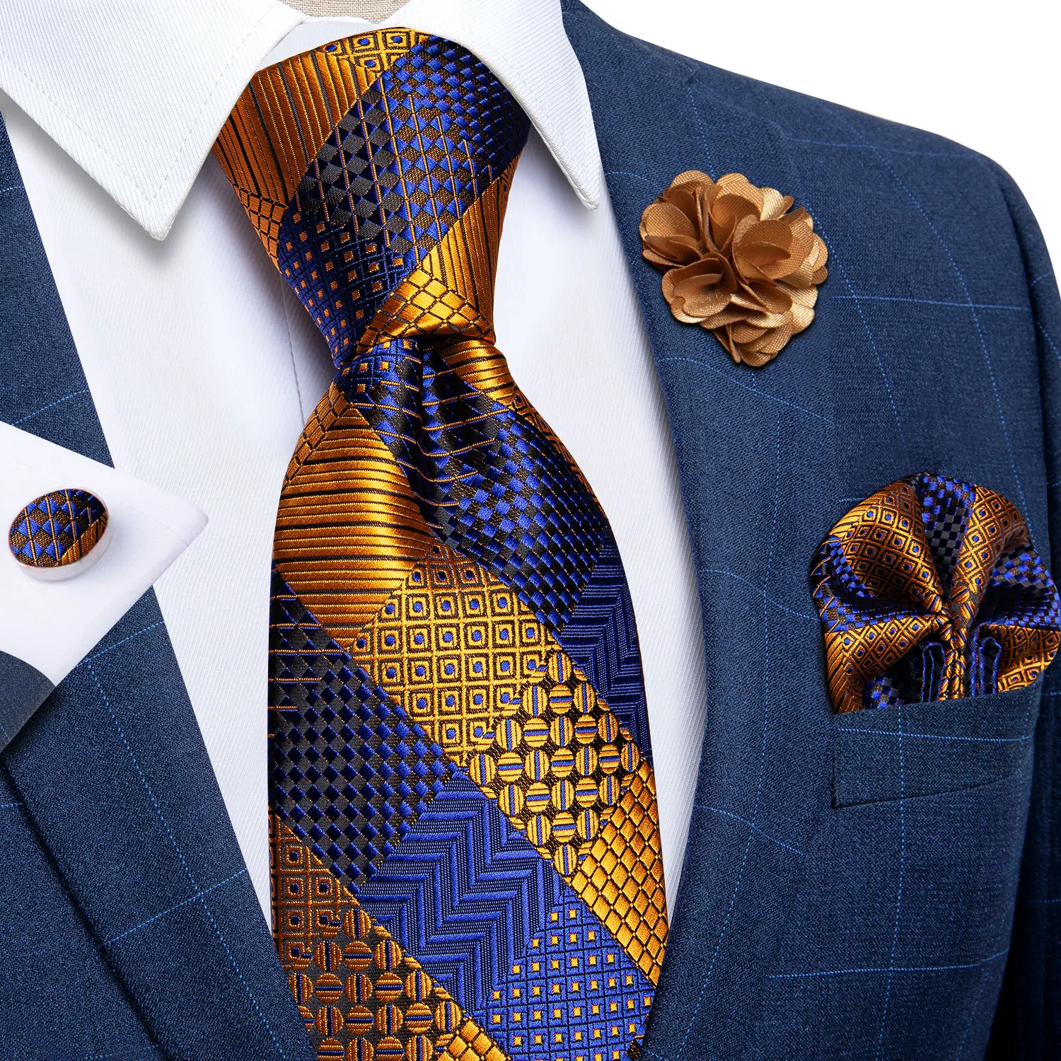 Blaue silberne Paisley-Krawatten für Herren, luxuriöses 8 cm breites Set mit Krawatte, Einstecktuch, Manschettenknöpfen, Brosche, Weihnachtsgeschenke für Männer – Detail 32