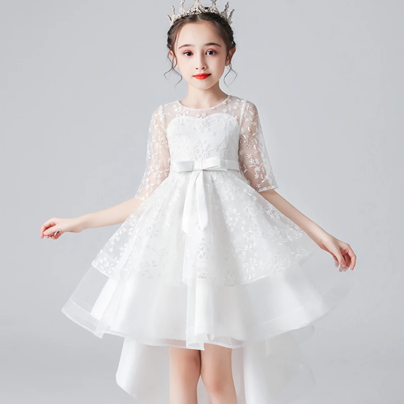 High Low White Flower Girls Dress Lace Tutu Toddler Girls Half Sleeve Dresses Kids Party Ball Gown Little Girls Princess Prom 4t