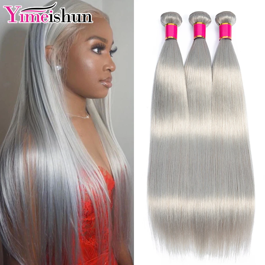 

Straight Hair Bundles Silver Grey Human Hair Bundles 30inch Brazilian Weaving Remy Hair Extensions Double Weft Bundles Yiemishun