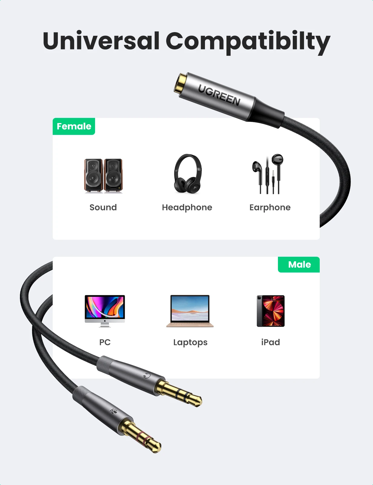 UGREEN Headphone Splitter for Computer 3.5mm Female to 2 Dual 3.5mm Male Mic Audio Y Splitter AUX Cable Headset to PC Adapter